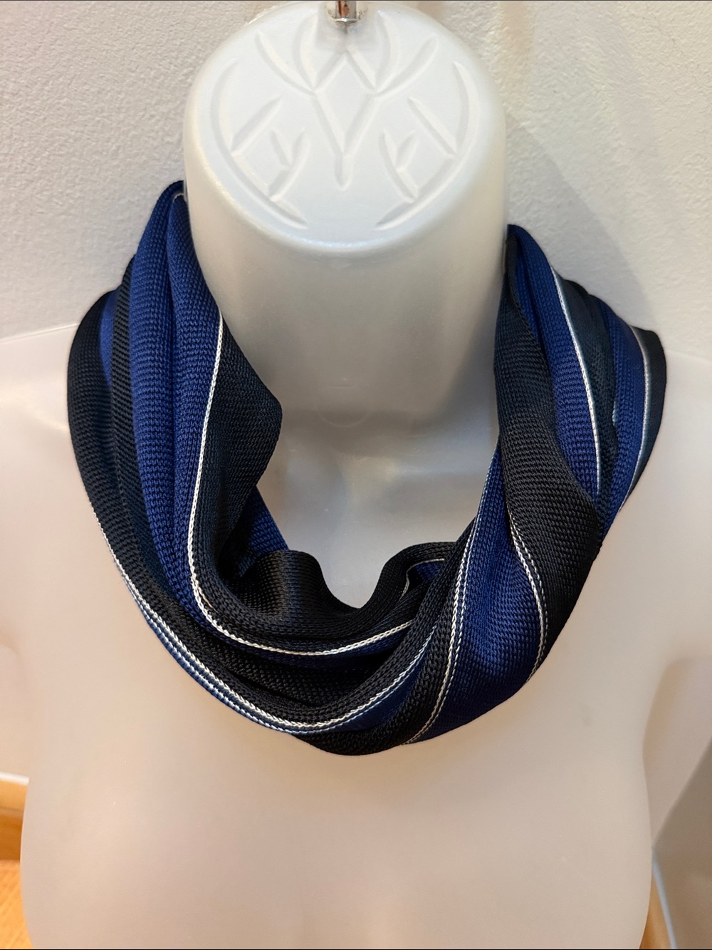 Echo Vintage Blue & Black Long Oblong Striped Textured Scarf Unisex Mod Chic